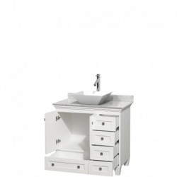 36 inch Single Bathroom Vanity in White, White Carrera Marble Countertop, Pyra White Porcelain Sink, and No Mirror