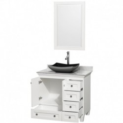 36 inch Single Bathroom Vanity in White, White Carrera Marble Countertop, Altair Black Granite Sink, and 24 inch Mirror