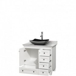 36 inch Single Bathroom Vanity in White, White Carrera Marble Countertop, Altair Black Granite Sink, and No Mirror