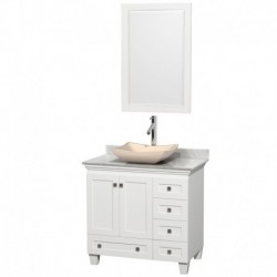 36 inch Single Bathroom Vanity in White, White Carrera Marble Countertop, Avalon Ivory Marble Sink, and 24 inch Mirror