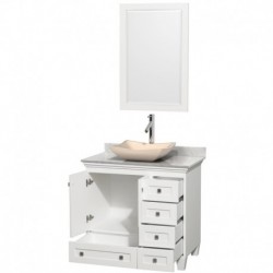 36 inch Single Bathroom Vanity in White, White Carrera Marble Countertop, Avalon Ivory Marble Sink, and 24 inch Mirror
