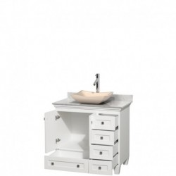 36 inch Single Bathroom Vanity in White, White Carrera Marble Countertop, Avalon Ivory Marble Sink, and No Mirror