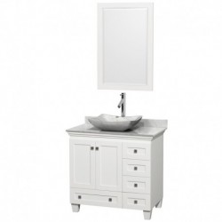 36 inch Single Bathroom Vanity in White, White Carrera Marble Countertop, Avalon White Carrera Marble Sink, and 24 inch Mirror