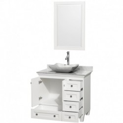 36 inch Single Bathroom Vanity in White, White Carrera Marble Countertop, Avalon White Carrera Marble Sink, and 24 inch Mirror