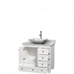 36 inch Single Bathroom Vanity in White, White Carrera Marble Countertop, Avalon White Carrera Marble Sink, and No Mirror