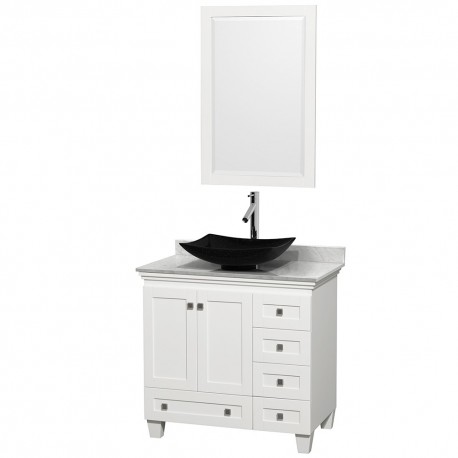 36 inch Single Bathroom Vanity in White, White Carrera Marble Countertop, Arista Black Granite Sink, and 24 inch Mirror