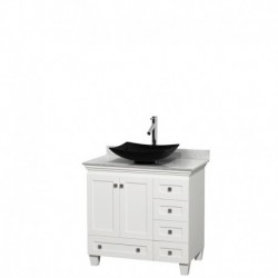 36 inch Single Bathroom Vanity in White, White Carrera Marble Countertop, Arista Black Granite Sink, and No Mirror