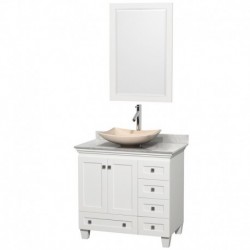 36 inch Single Bathroom Vanity in White, White Carrera Marble Countertop, Arista Ivory Marble Sink, and 24 inch Mirror