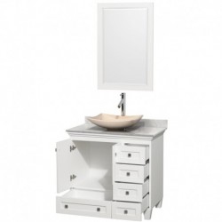 36 inch Single Bathroom Vanity in White, White Carrera Marble Countertop, Arista Ivory Marble Sink, and 24 inch Mirror