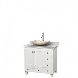 36 inch Single Bathroom Vanity in White, White Carrera Marble Countertop, Arista Ivory Marble Sink, and No Mirror