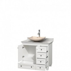 36 inch Single Bathroom Vanity in White, White Carrera Marble Countertop, Arista Ivory Marble Sink, and No Mirror