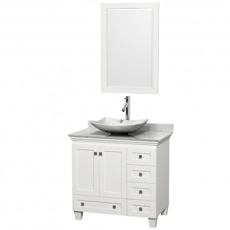 36 inch Single Bathroom Vanity in White, White Carrera Marble Countertop, Arista White Carrera Marble Sink, and 24 inch Mirror