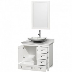 36 inch Single Bathroom Vanity in White, White Carrera Marble Countertop, Arista White Carrera Marble Sink, and 24 inch Mirror