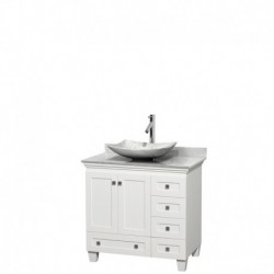 36 inch Single Bathroom Vanity in White, White Carrera Marble Countertop, Arista White Carrera Marble Sink, and No Mirror