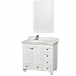 36 inch Single Bathroom Vanity in White, White Carrera Marble Countertop, Undermount Square Sink, and 24 inch Mirror