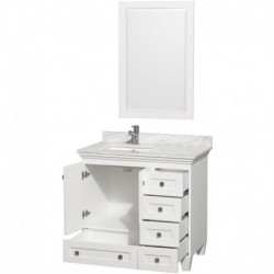36 inch Single Bathroom Vanity in White, White Carrera Marble Countertop, Undermount Square Sink, and 24 inch Mirror