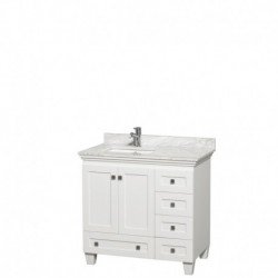 36 inch Single Bathroom Vanity in White, White Carrera Marble Countertop, Undermount Square Sink, and No Mirror