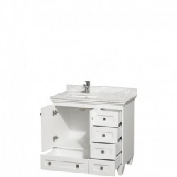 36 inch Single Bathroom Vanity in White, White Carrera Marble Countertop, Undermount Square Sink, and No Mirror