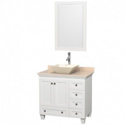 36 inch Single Bathroom Vanity in White, Ivory Marble Countertop, Pyra Bone Porcelain Sink, and 24 inch Mirror