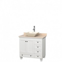 36 inch Single Bathroom Vanity in White, Ivory Marble Countertop, Pyra Bone Porcelain Sink, and No Mirror