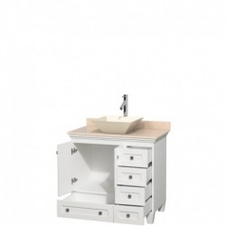 36 inch Single Bathroom Vanity in White, Ivory Marble Countertop, Pyra Bone Porcelain Sink, and No Mirror