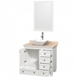 36 inch Single Bathroom Vanity in White, Ivory Marble Countertop, Pyra White Porcelain Sink, and 24 inch Mirror