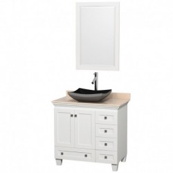 36 inch Single Bathroom Vanity in White, Ivory Marble Countertop, Altair Black Granite Sink, and 24 inch Mirror