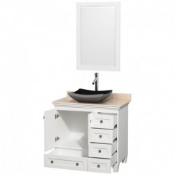 36 inch Single Bathroom Vanity in White, Ivory Marble Countertop, Altair Black Granite Sink, and 24 inch Mirror