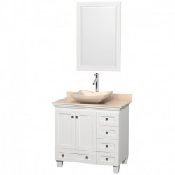 36 inch Single Bathroom Vanity in White, Ivory Marble Countertop, Avalon Ivory Marble Sink, and 24 inch Mirror