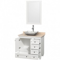36 inch Single Bathroom Vanity in White, Ivory Marble Countertop, Avalon White Carrera Marble Sink, and 24 inch Mirror