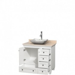 36 inch Single Bathroom Vanity in White, Ivory Marble Countertop, Avalon White Carrera Marble Sink, and No Mirror