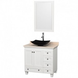 36 inch Single Bathroom Vanity in White, Ivory Marble Countertop, Arista Black Granite Sink, and 24 inch Mirror