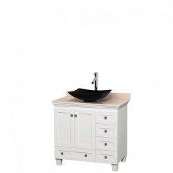 36 inch Single Bathroom Vanity in White, Ivory Marble Countertop, Arista Black Granite Sink, and No Mirror