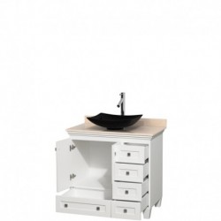 36 inch Single Bathroom Vanity in White, Ivory Marble Countertop, Arista Black Granite Sink, and No Mirror