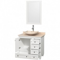 36 inch Single Bathroom Vanity in White, Ivory Marble Countertop, Arista Ivory Marble Sink, and 24 inch Mirror