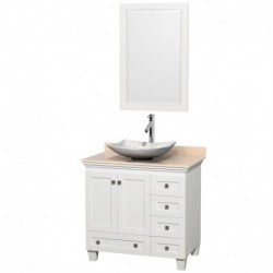36 inch Single Bathroom Vanity in White, Ivory Marble Countertop, Arista White Carrera Marble Sink, and 24 inch Mirror