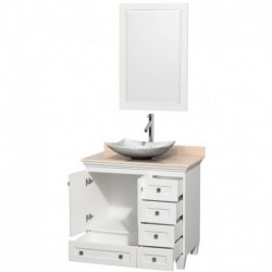 36 inch Single Bathroom Vanity in White, Ivory Marble Countertop, Arista White Carrera Marble Sink, and 24 inch Mirror