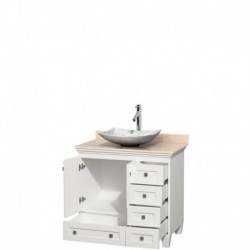 36 inch Single Bathroom Vanity in White, Ivory Marble Countertop, Arista White Carrera Marble Sink, and No Mirror