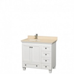 36 inch Single Bathroom Vanity in White, Ivory Marble Countertop, Undermount Square Sink, and No Mirror