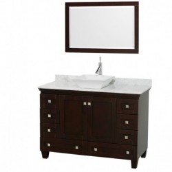 48 inch Single Bathroom Vanity in Espresso, White Carrera Marble Countertop, Pyra White Sink, and 24 inch Mirror