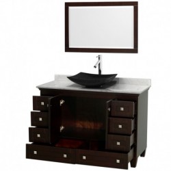 48 inch Single Bathroom Vanity in Espresso, White Carrera Marble Countertop, Arista Black Granite Sink, and 24 inch Mirror