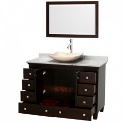 48 inch Single Bathroom Vanity in Espresso, White Carrera Marble Countertop, Arista Ivory Marble Sink, and 24 inch Mirror