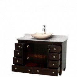 48 inch Single Bathroom Vanity in Espresso, White Carrera Marble Countertop, Arista Ivory Marble Sink, and No Mirror