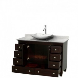 48 inch Single Bathroom Vanity in Espresso, White Carrera Marble Countertop, Arista White Carrera Marble Sink, and No Mirror