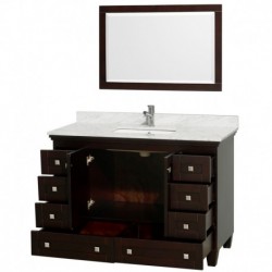 48 inch Single Bathroom Vanity in Espresso, White Carrera Marble Countertop, Undermount Square Sink, and 24 inch Mirror