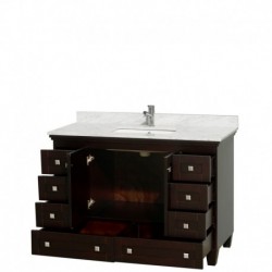 48 inch Single Bathroom Vanity in Espresso, White Carrera Marble Countertop, Undermount Square Sink, and No Mirror