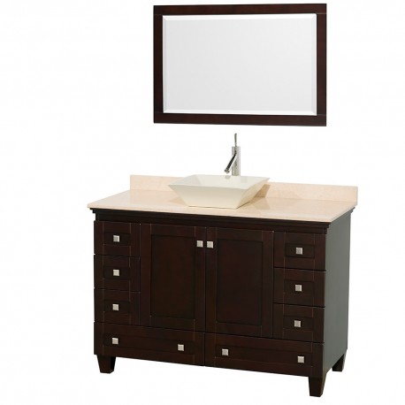 48 inch Single Bathroom Vanity in Espresso, Ivory Marble Countertop, Pyra Bone Sink, and 24 inch Mirror