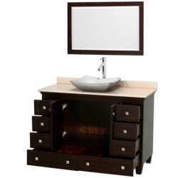 48 inch Single Bathroom Vanity in Espresso, Ivory Marble Countertop, Avalon White Carrera Marble Sink, and 24 inch Mirror