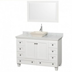 48 inch Single Bathroom Vanity in White, White Carrera Marble Countertop, Pyra Bone Sink, and 24 inch Mirror