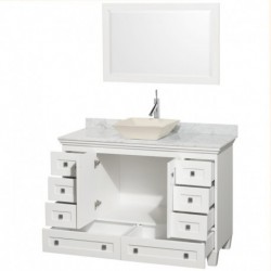 48 inch Single Bathroom Vanity in White, White Carrera Marble Countertop, Pyra Bone Sink, and 24 inch Mirror